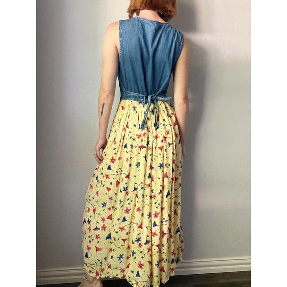 Vintage 1990s Denim + Yellow Floral Flowy Button Up Maxi Dress - Picture 5 of 6